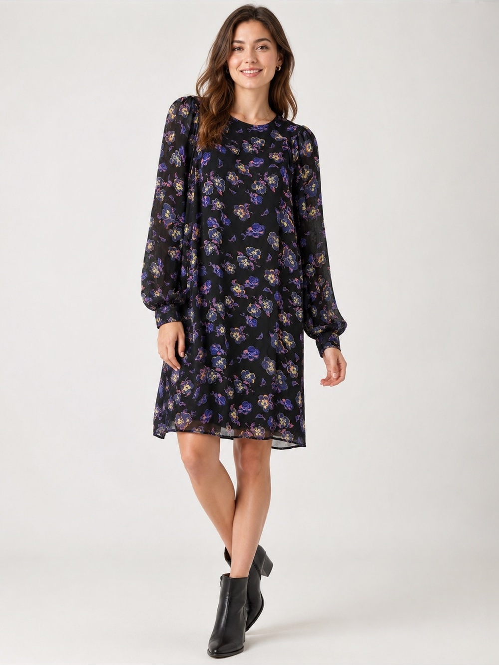 Ganni Floral Print Georgette Wrap Mini Dress Violet Purple Black Size UK 38 US 4
